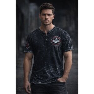 Affliction Mens M Henley Shirt Black Distressed Embroidered Biker Grunge